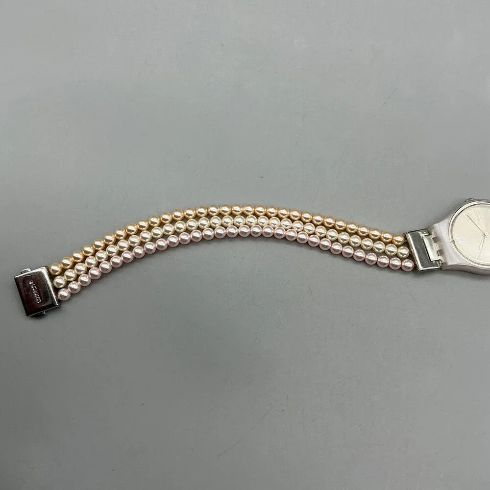 Swatch Pearl Tension Womens Watch 25mm Pink Pearl Bead Band New Battery 6.25